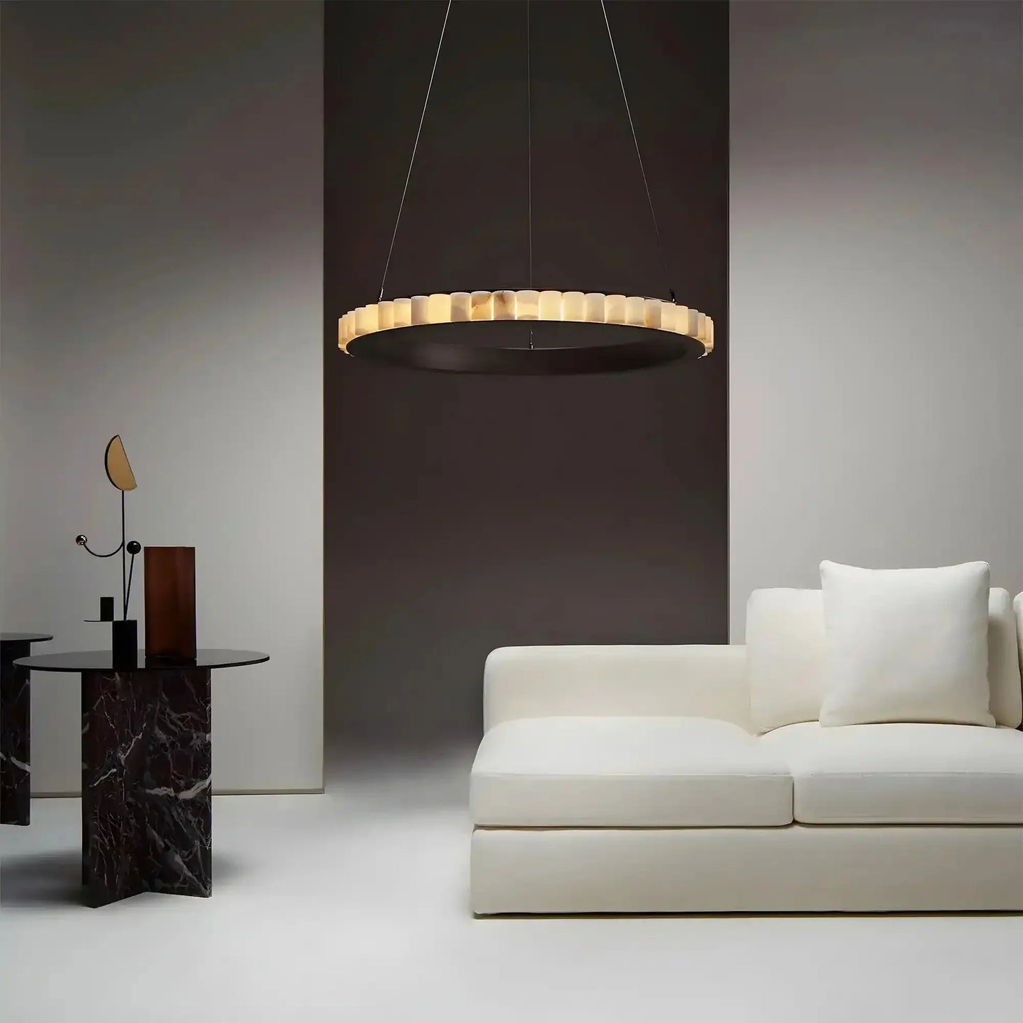 Avalon Alabaster Round Chandelier - 23.6″Dia x 59″HBlackWarm White - Manohaus