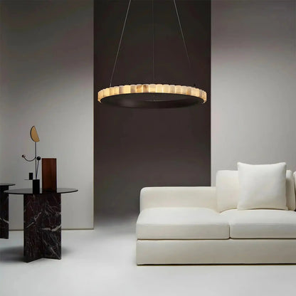 Avalon Alabaster Round Chandelier - 23.6″Dia x 59″HBlackWarm White - Manohaus