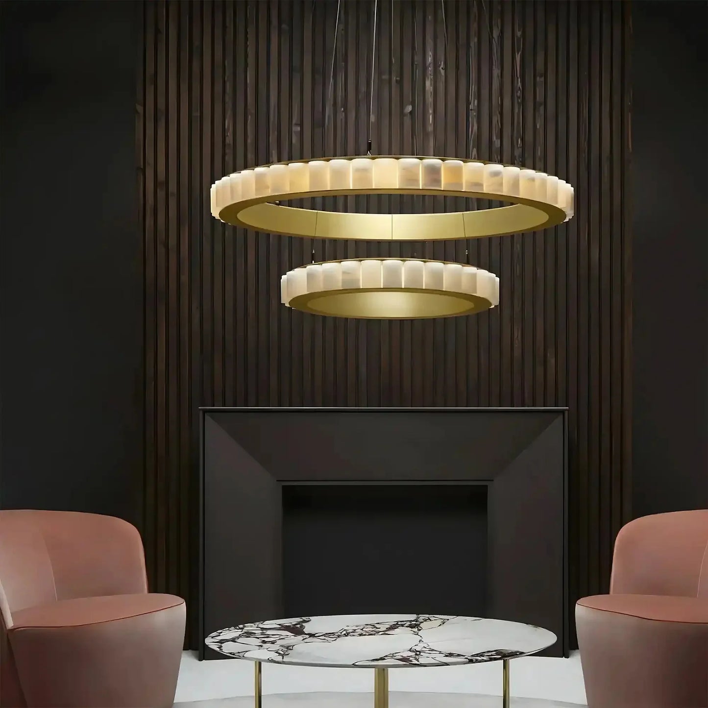 Avalon Alabaster Round Chandelier - 31.5″Dia x 59″HCopperWarm White - Manohaus