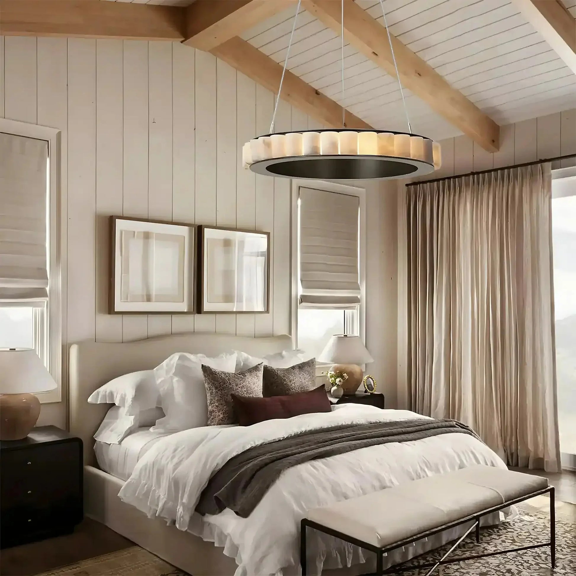 Avalon Alabaster Round Chandelier - 39.4″Dia x 59″HCopperWarm White - Manohaus