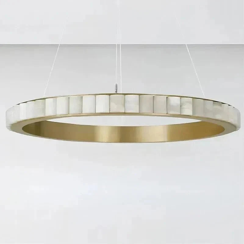 Avalon Halo Modern Chandelier - Satin Brass With Honed Alabaster Stone - Manohaus