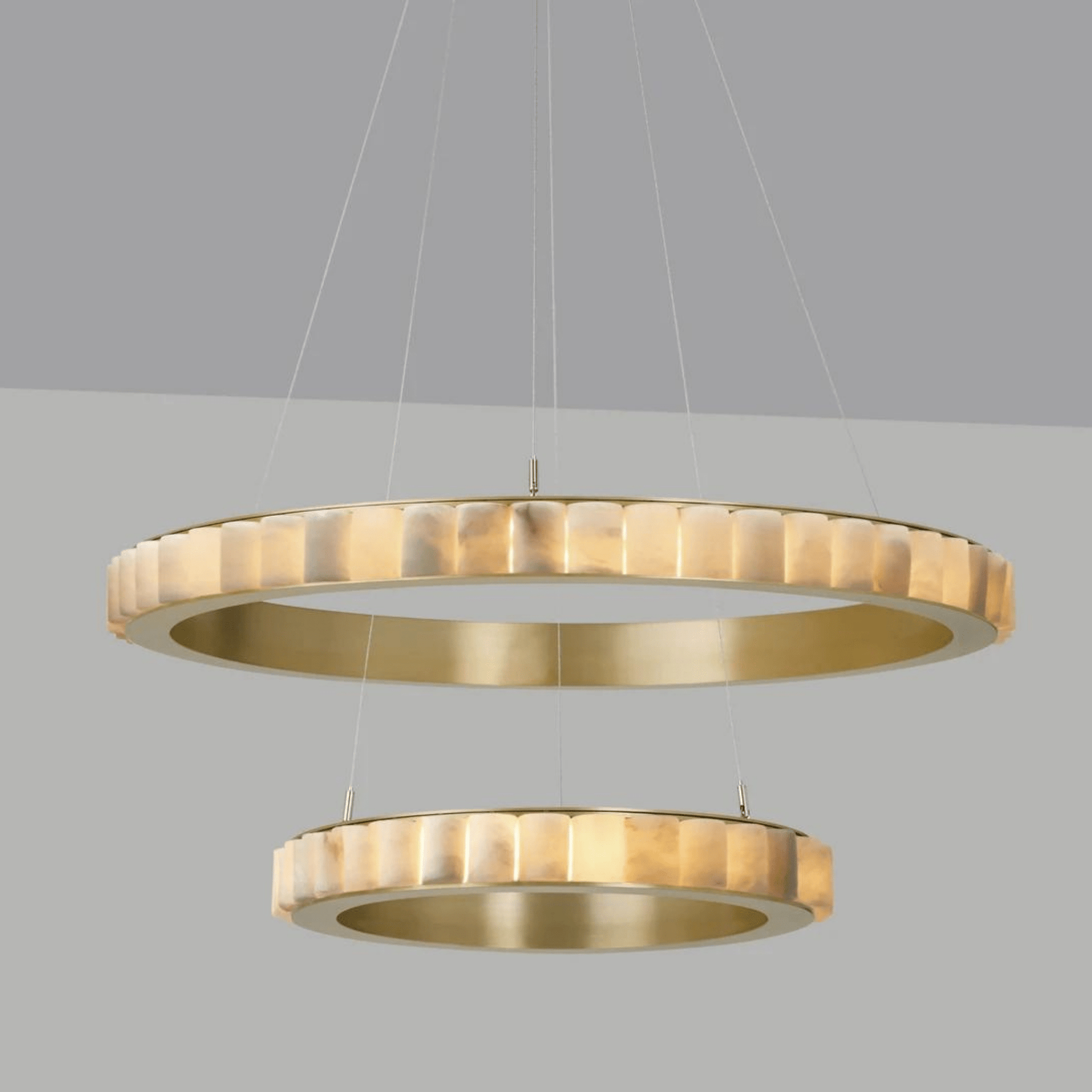 Avalon Halo Modern Chandelier - Satin Brass With Honed Alabaster Stone - Manohaus