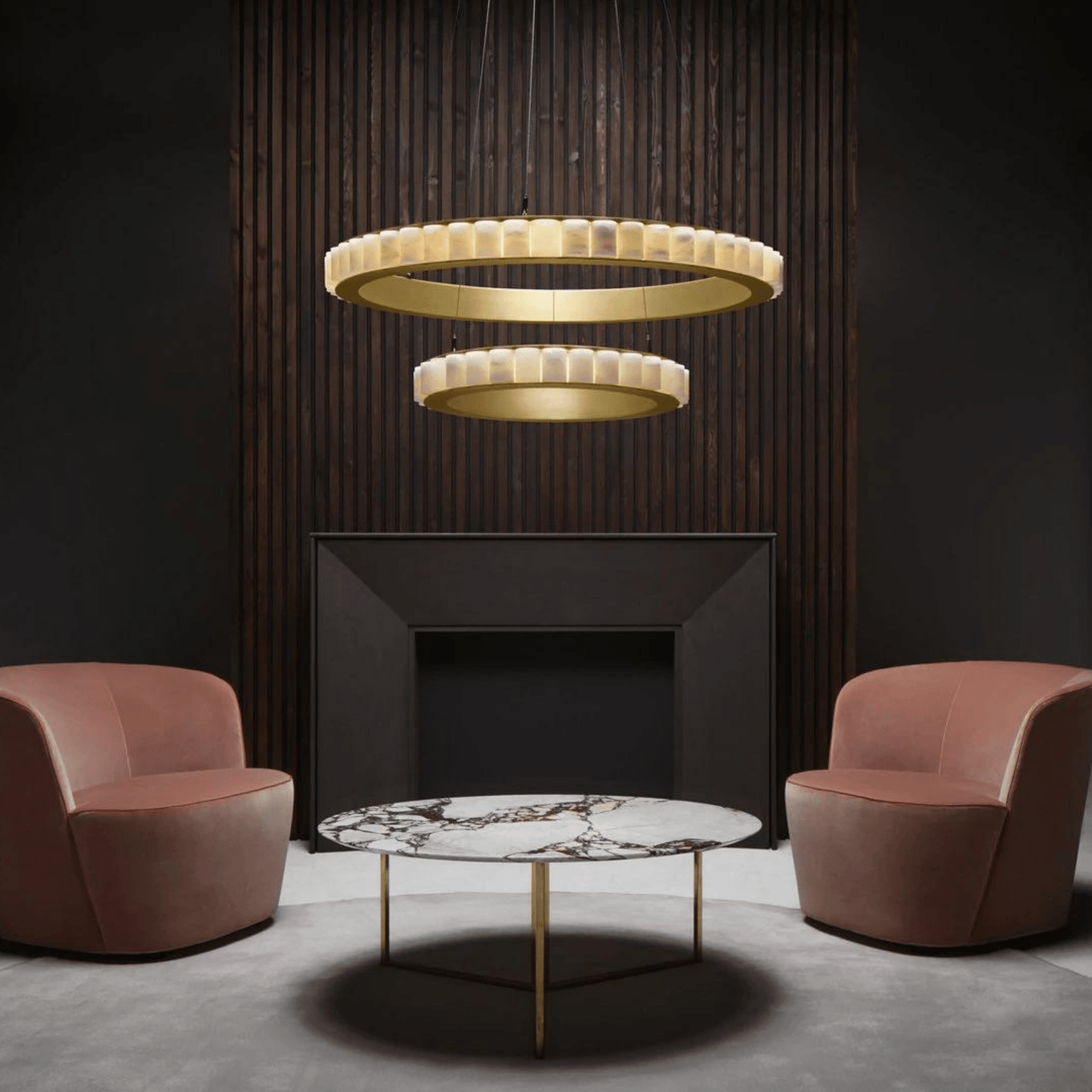 Avalon Halo Modern Chandelier - Satin Brass With Honed Alabaster Stone - Manohaus