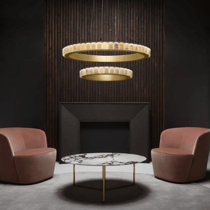 Avalon Halo Modern Chandelier - Satin Brass With Honed Alabaster Stone - Manohaus
