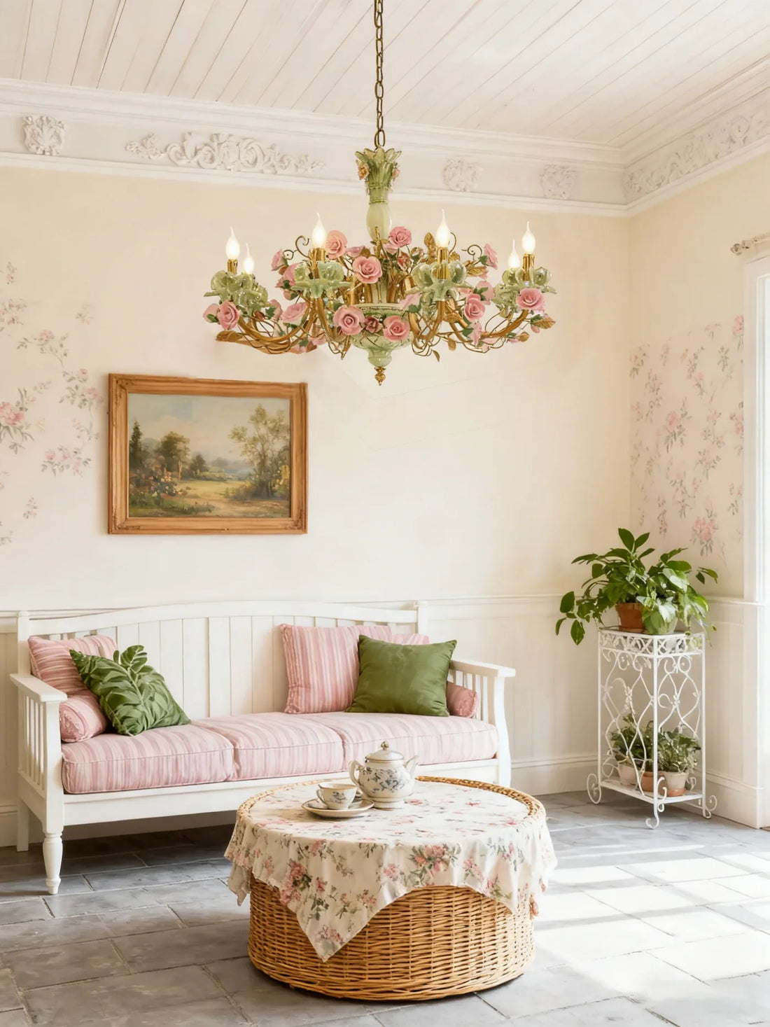 35X24 Inch 8 Lights Brass Chandelier and Green & Pink Porcelain Flower Chandelier