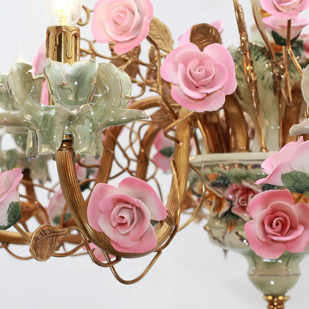 35X24 Inch 8 Lights Brass Chandelier and Green & Pink Porcelain Flower Chandelier