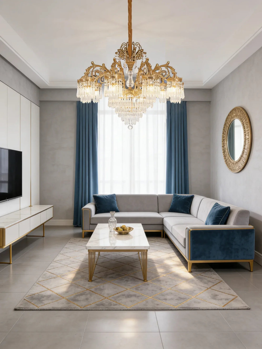 37 Inch Wide French Empire Style Brass Crystal Chandelier Gold Living Room Chandelier