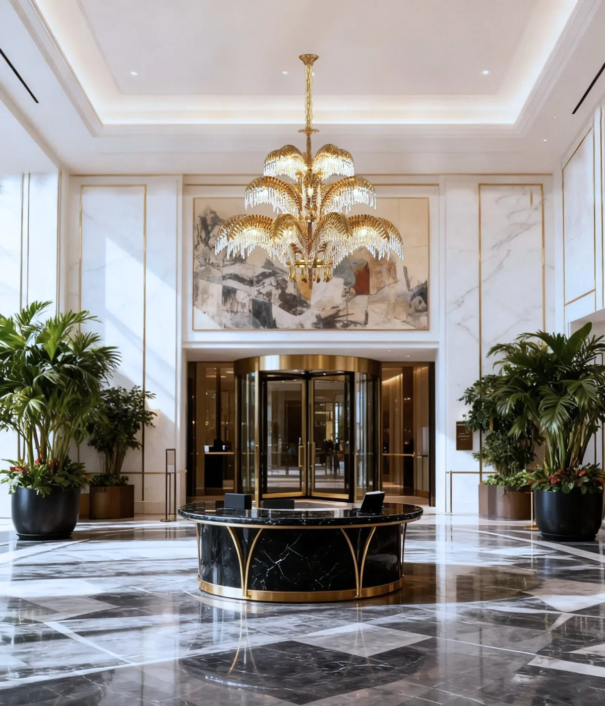47X43 Inch 3-Layer Large Luxury Brass Chandelier Gold Palm Tree Crystal Chandelier for Entrance