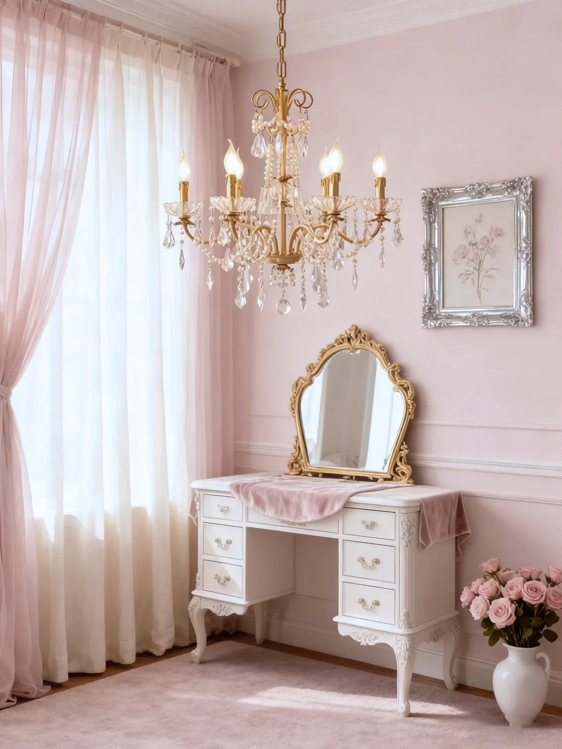 6 Lights Candle Style Small Gold Chandelier Luxury Brass Arm Chandelier with Acrylic Pearl Chains