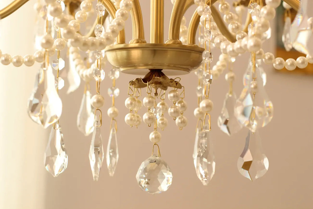 6 Lights Candle Style Small Gold Chandelier Luxury Brass Arm Chandelier with Acrylic Pearl Chains