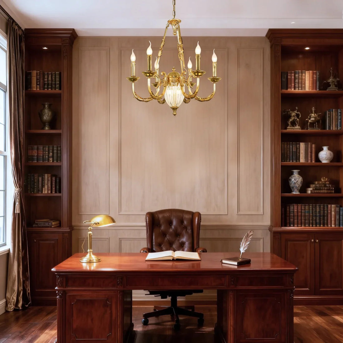 6 Lights Small Empire Style Antique Brass Chandelier Gold Chandelier for Study Room 26X26 Inch