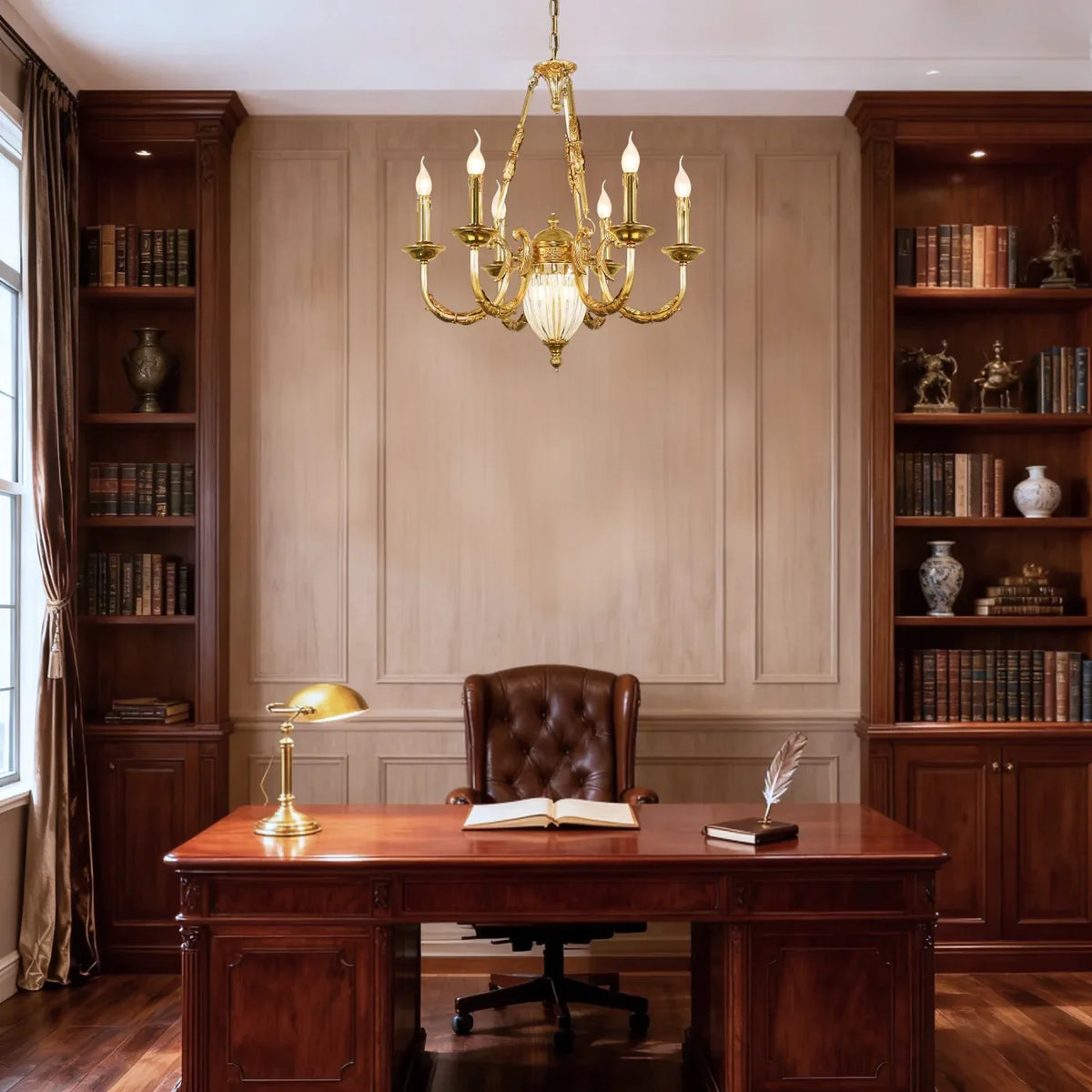 6 Lights Small Empire Style Antique Brass Chandelier Gold Chandelier for Study Room 26X26 Inch