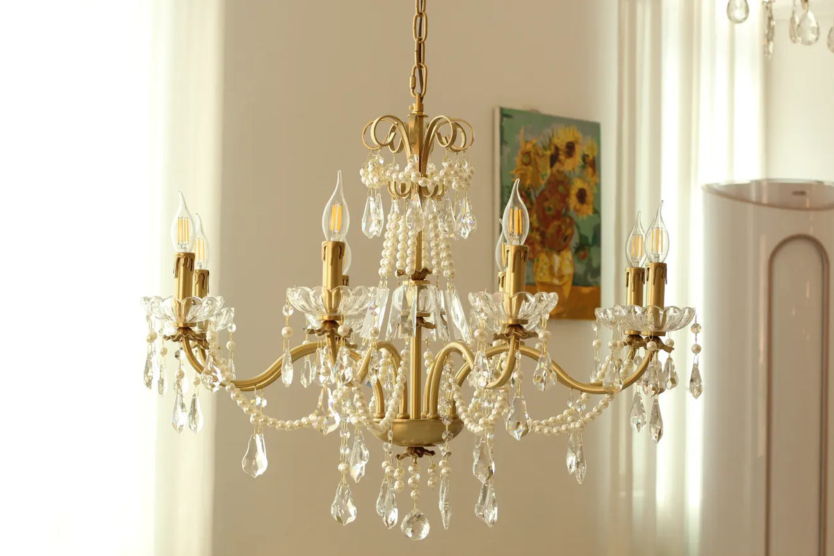 8 Lights Candle Style Small Gold Chandelier Luxury Brass Arm Chandelier with Acrylic Pearl Chains