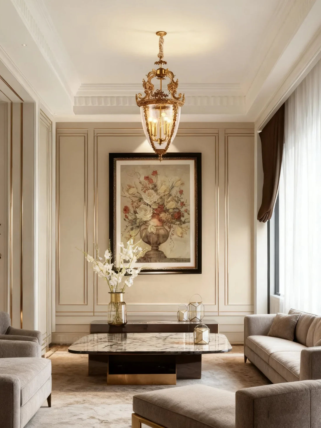 Charming 4 Lights Vintage Gold Brass Lantern Pendant Light 15X26 Inch – Perfect for Entryway Foyer Porch Hallway