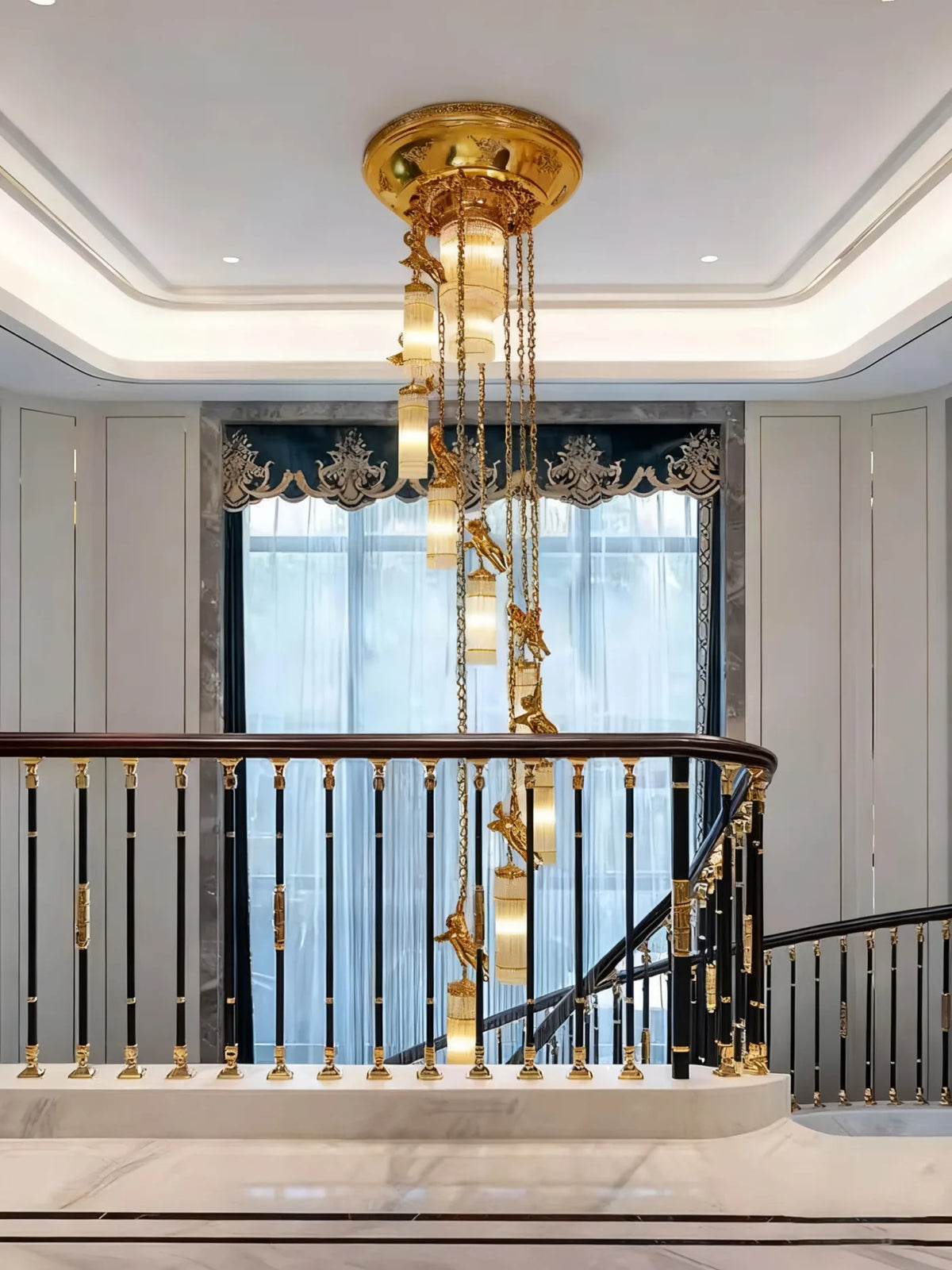 Luxury Flush Mounted 138 Inch Long Antique Brass Angels Chandelier for Staircase