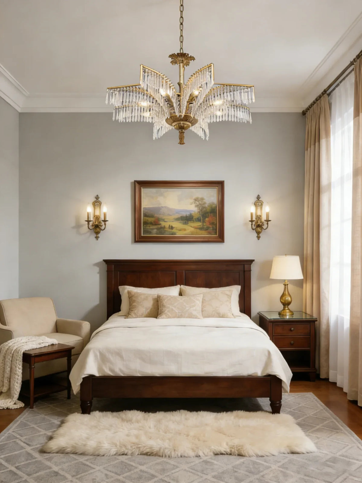 22 Inch Wide 1 Layer Small Brass Palm Tree Crystal Chandelier Light for Bedroom
