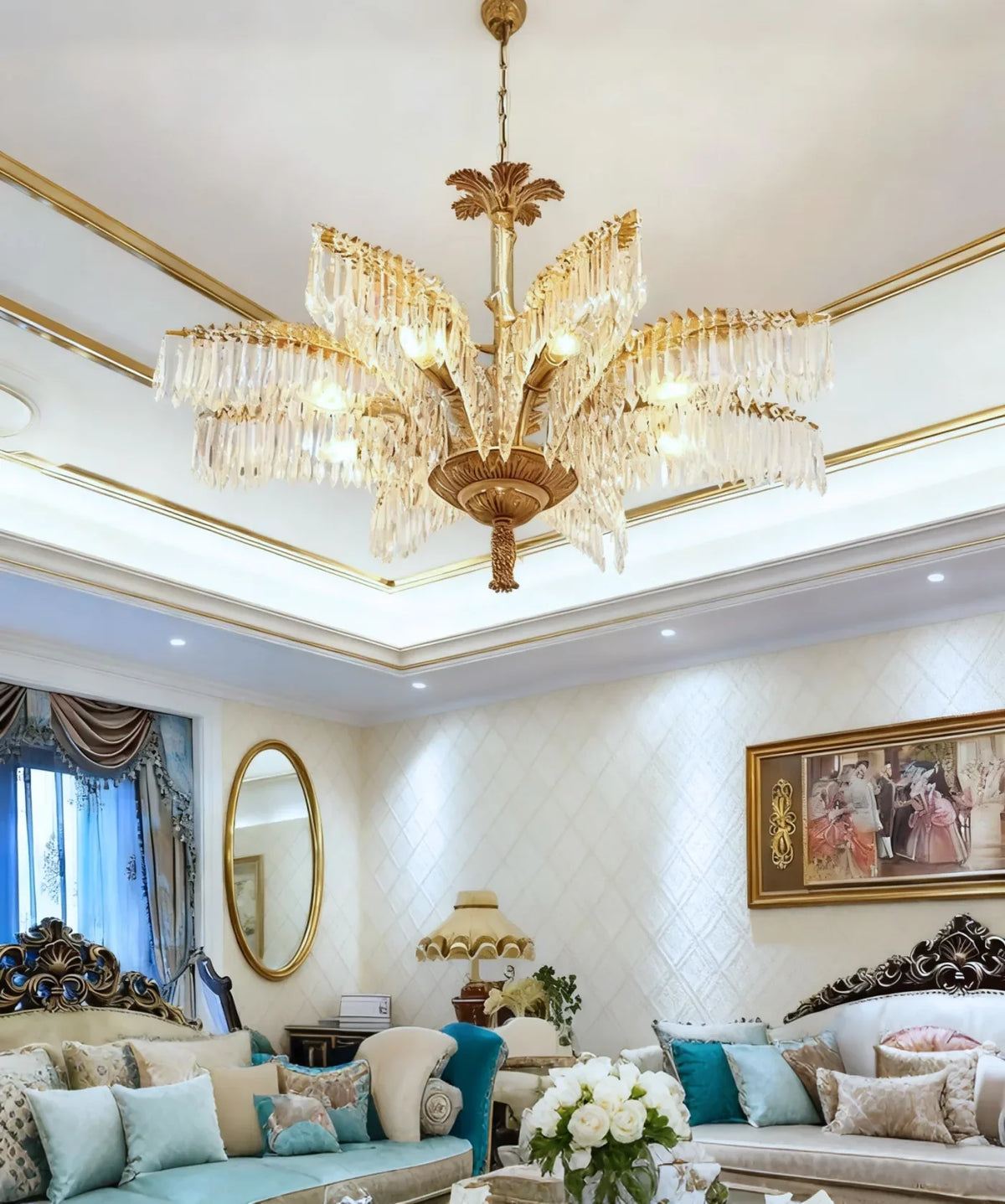22 Inch Wide 1 Layer Small Brass Palm Tree Crystal Chandelier Light for Bedroom