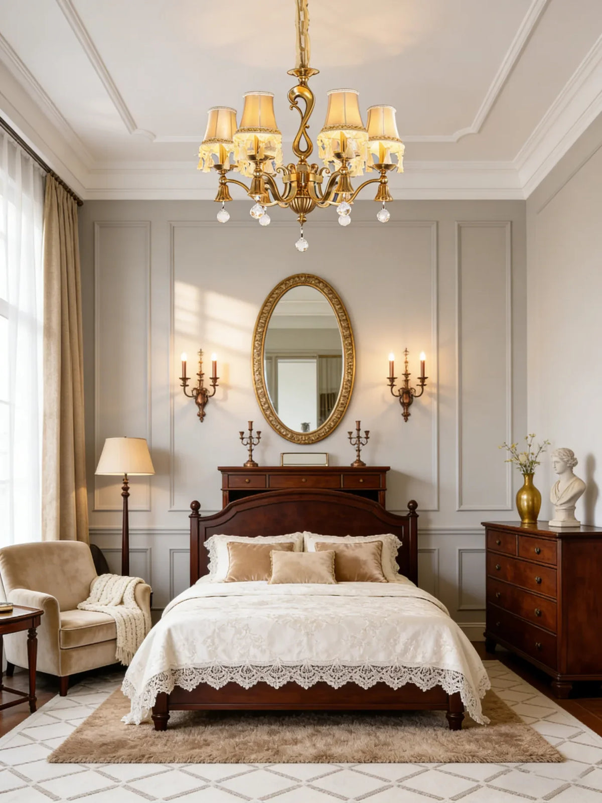 25X24 Inch 6 Light Elegant Antique Brass and Crystal Chandelier Light for Bedroom