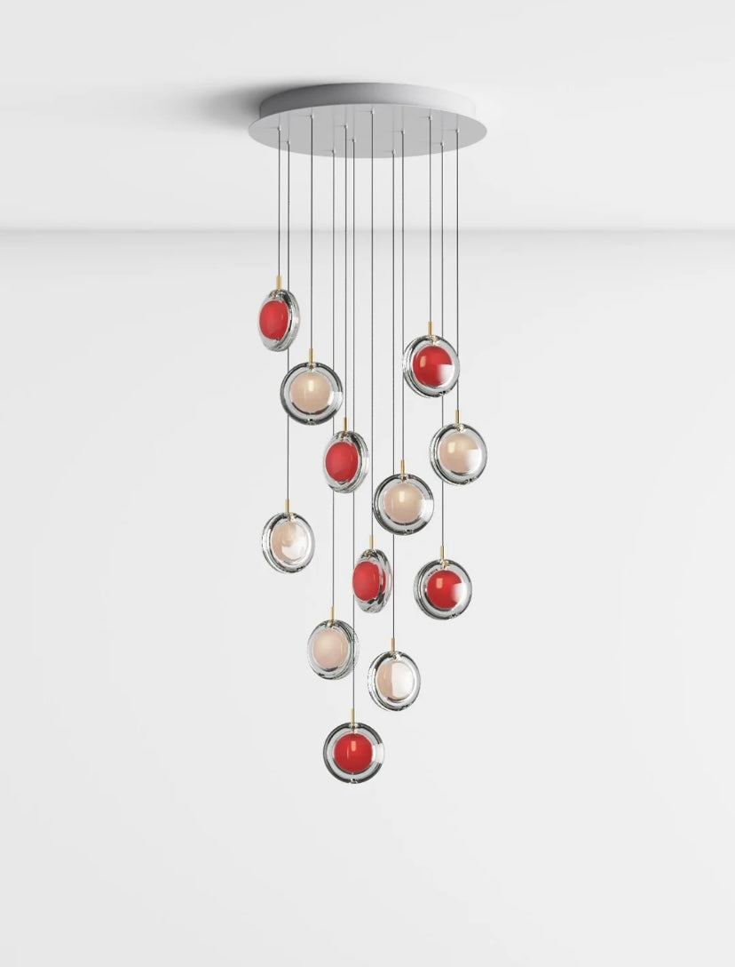 Multi-Colored Round Glass and Metal Suspension Light Chandelier