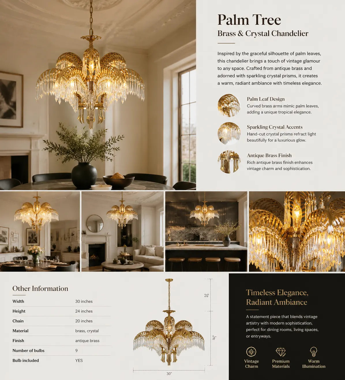 30 Inch Wide 2-Layer Palm Tree Brass and Crystal Chandelier Light