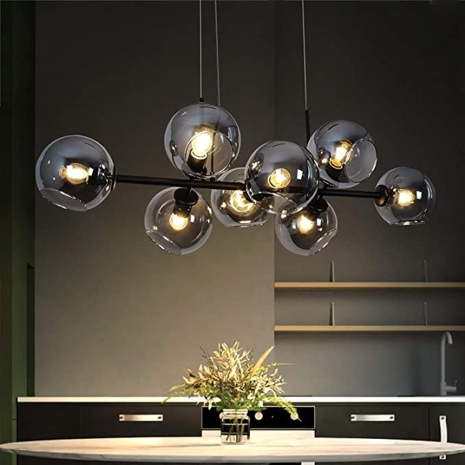 Modern Linear Smoky Gray Glass Globe Shade Chandelier with Painted Iron Finish for Dining Room and Kitchen