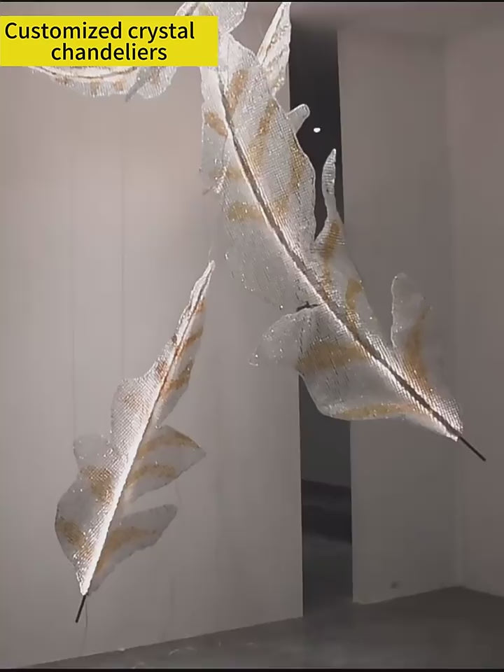 Modern Floating Crystal Leaves Chandelier for High Ceilings