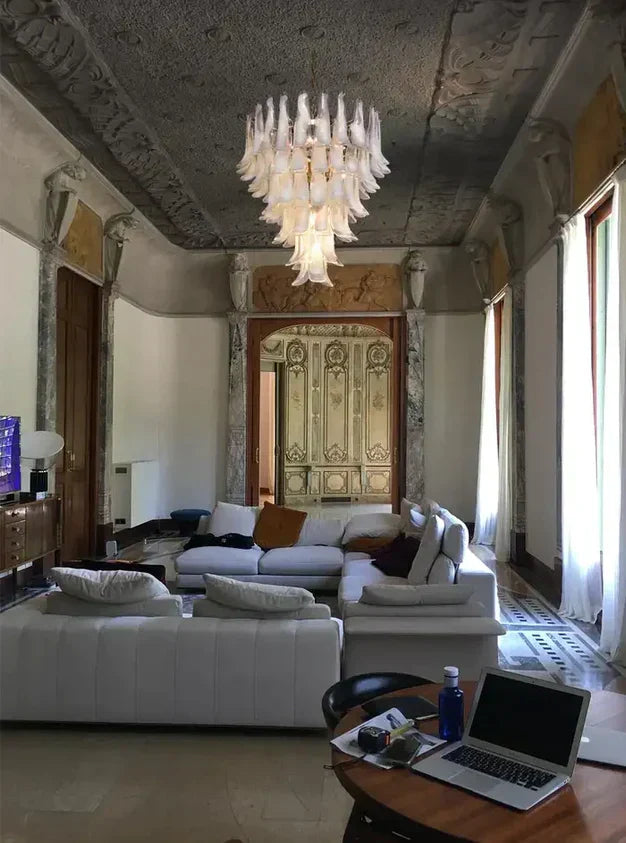 Modern Art Italian Mid-Century 5 / 6-Tier Petal Glass Chandelier with Metal Finish