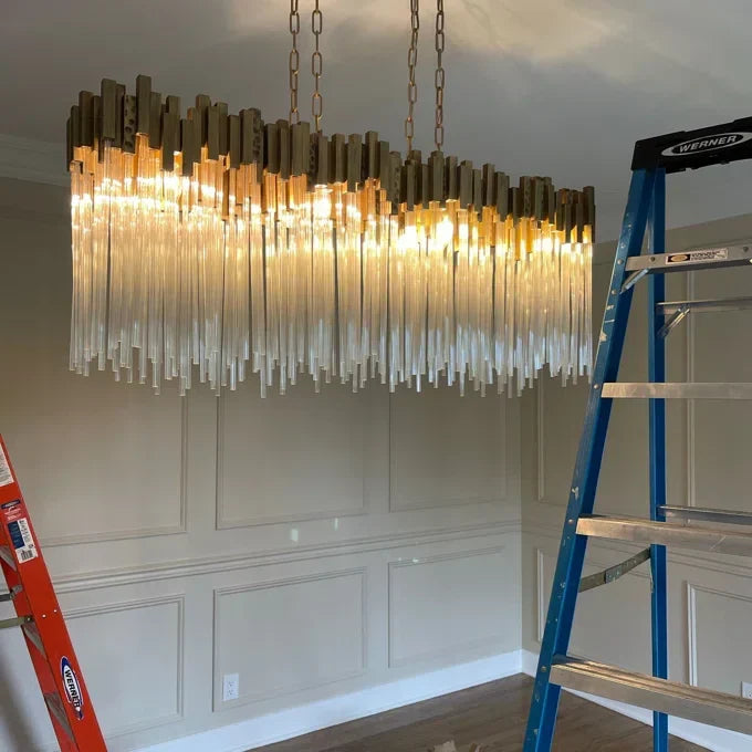Modern Rectangular Glass and Metal Chandelier with Clear Glass Rods for Dining Room