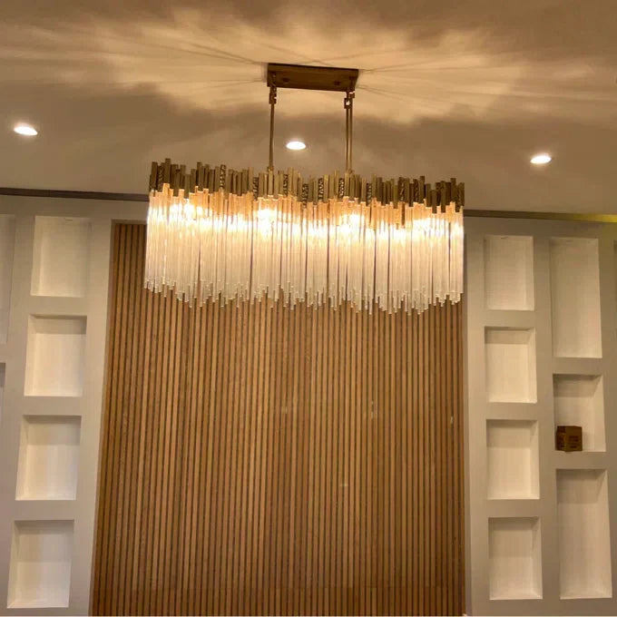 Modern Rectangular Glass and Metal Chandelier with Clear Glass Rods for Dining Room
