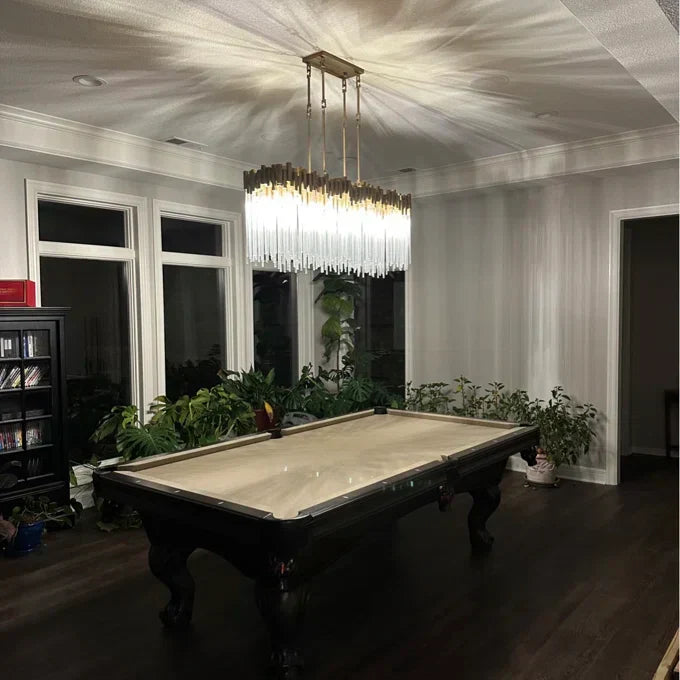 Modern Rectangular Glass and Metal Chandelier with Clear Glass Rods for Dining Room