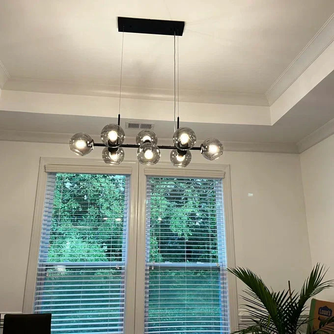Modern Linear Smoky Gray Glass Globe Shade Chandelier with Painted Iron Finish for Dining Room and Kitchen