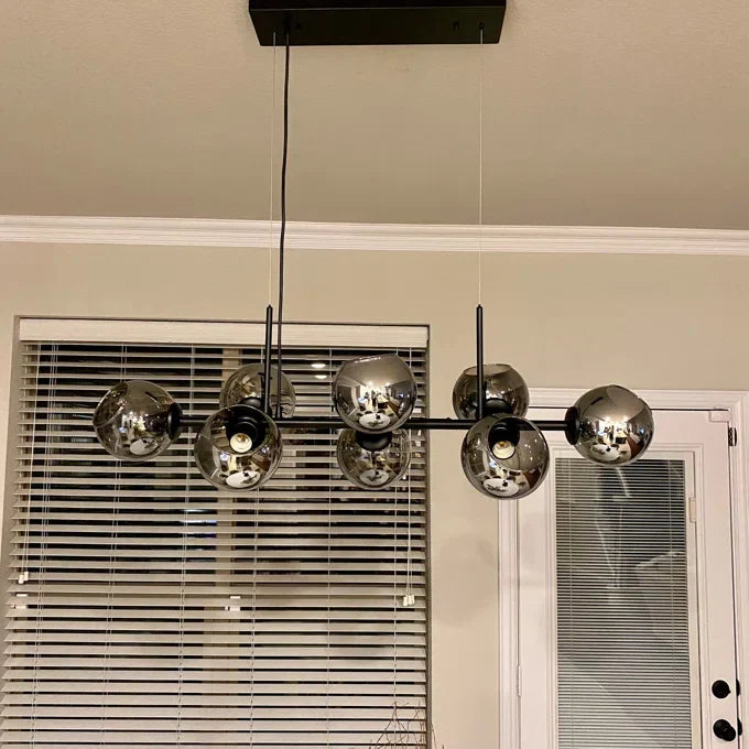 Modern Linear Smoky Gray Glass Globe Shade Chandelier with Painted Iron Finish for Dining Room and Kitchen