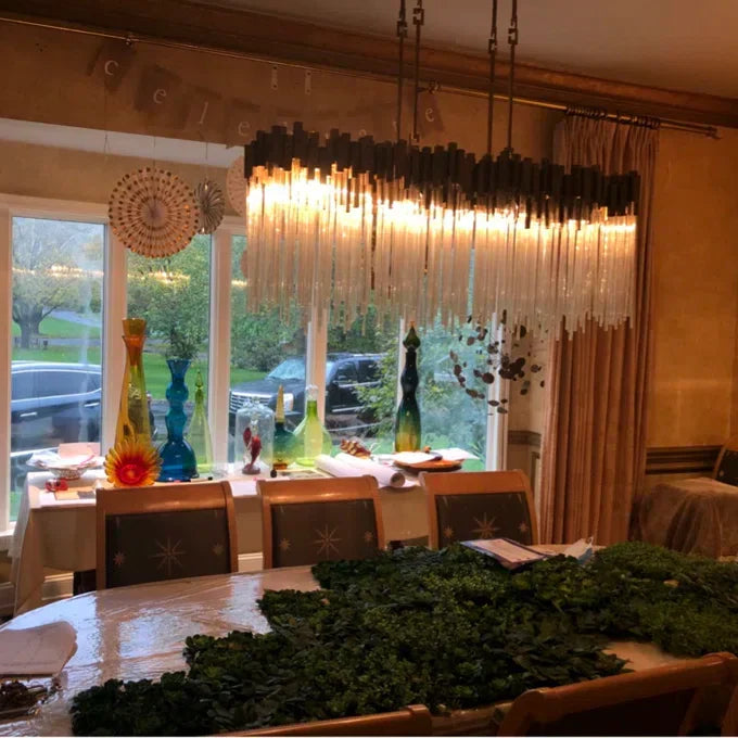 Modern Rectangular Glass and Metal Chandelier with Clear Glass Rods for Dining Room