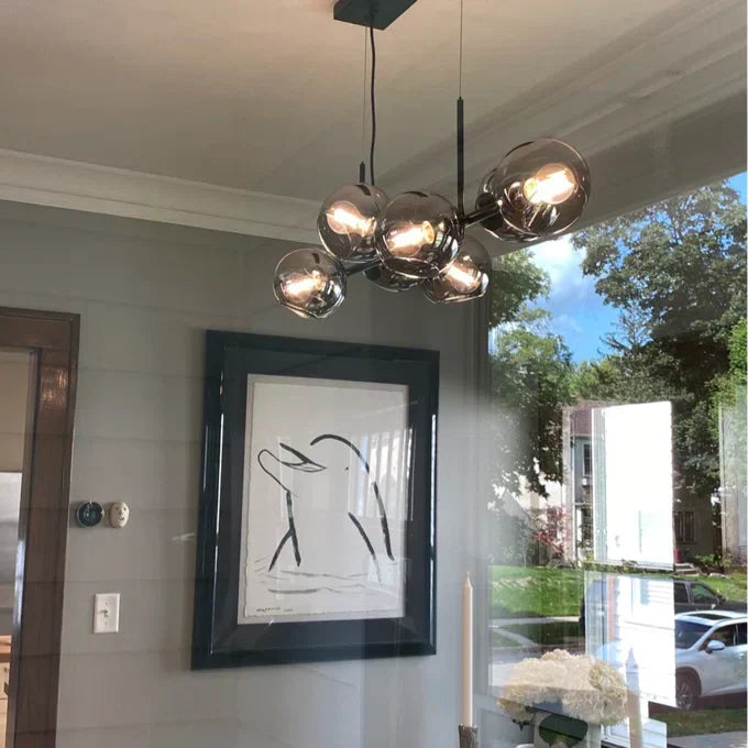 Modern Linear Smoky Gray Glass Globe Shade Chandelier with Painted Iron Finish for Dining Room and Kitchen