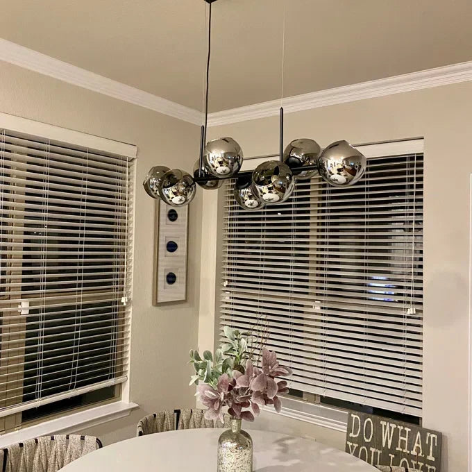 Modern Linear Smoky Gray Glass Globe Shade Chandelier with Painted Iron Finish for Dining Room and Kitchen