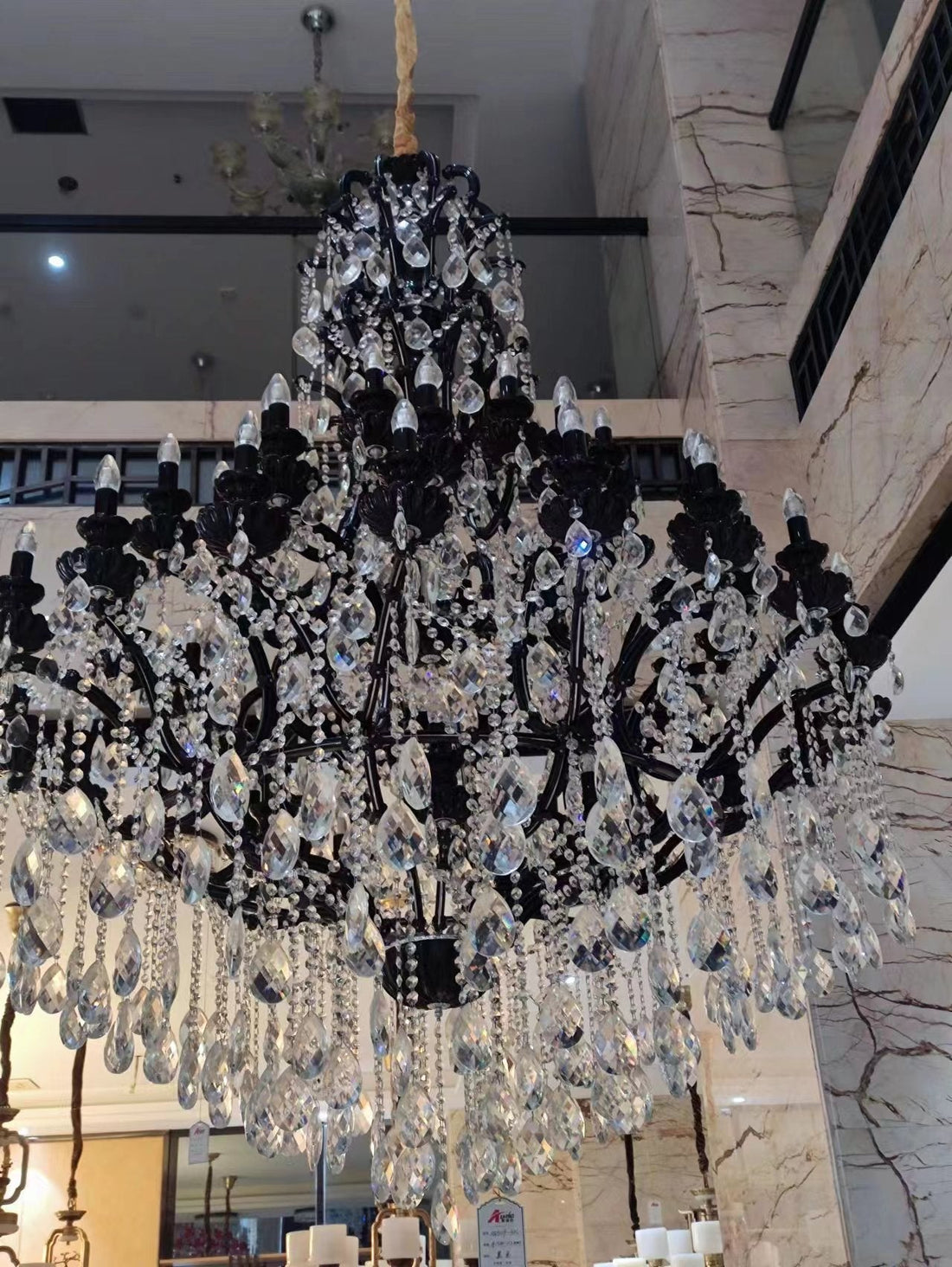 Extra Large Tiered Crystal Candle Chandelier with Black Metal Finish for Living Room Foyer Staircase Hotel