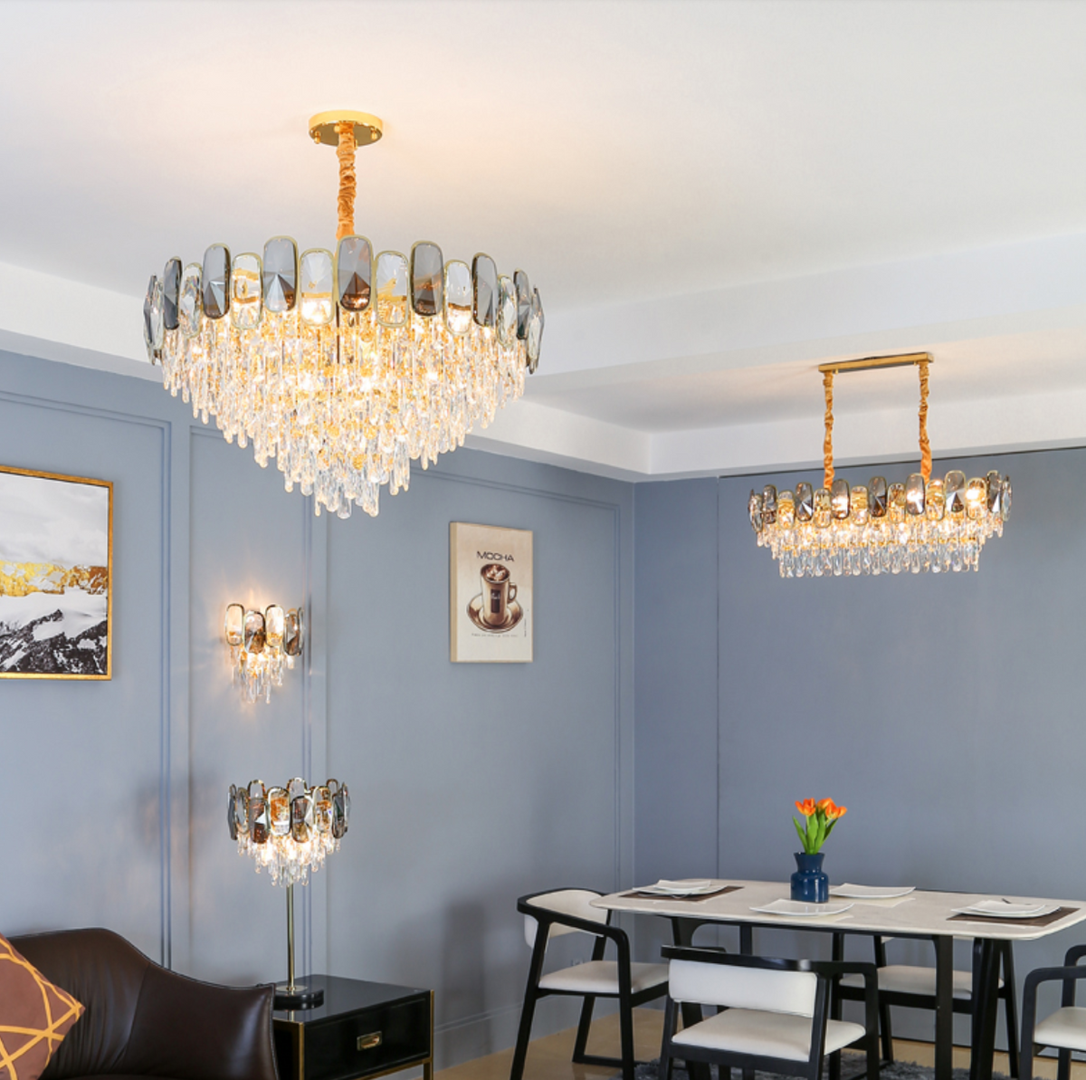 Round / rectangle Smoky Gray Crystal Pendant Chandelier Ceiling Fixtures Light for Living Room / dining Room /