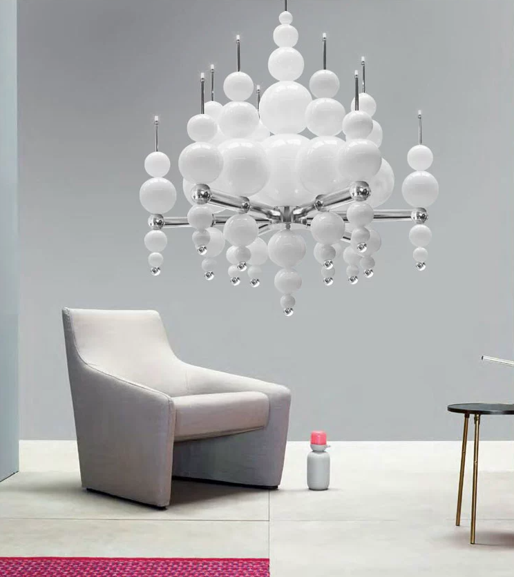 Modern Black & White Glass Ball Cluster Chandelier – Round / linear Metal Finish for Living & Dining Room