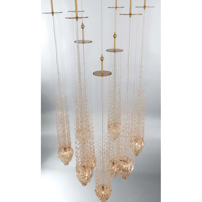 Modern Floating Blown Amber Glass Chandelier for High-Ceiling