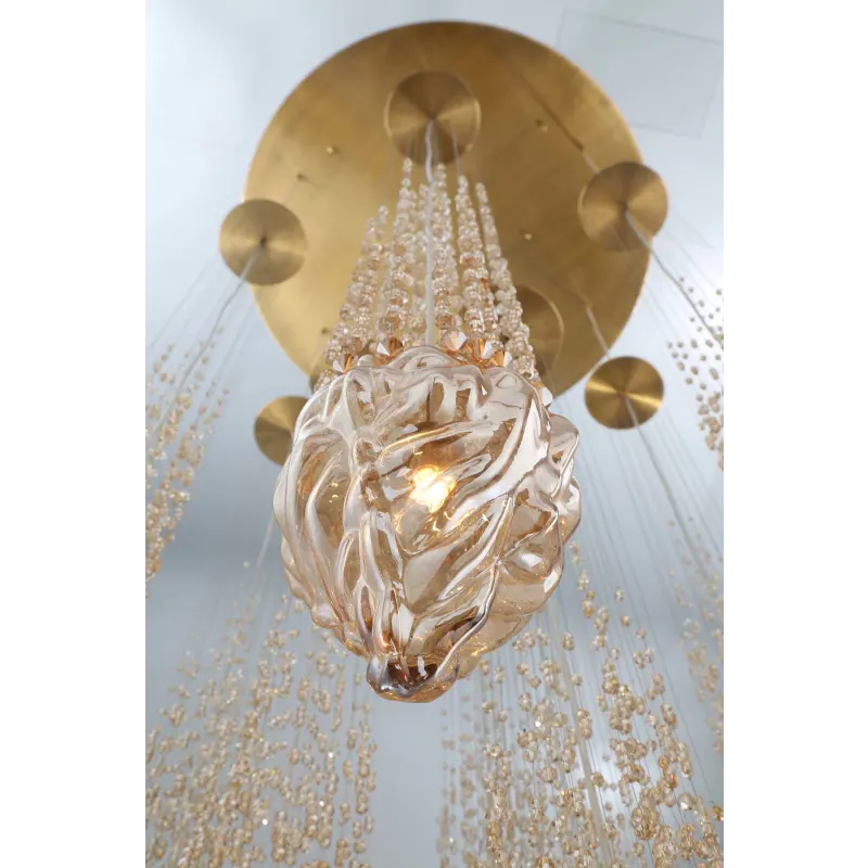 Modern Floating Blown Amber Glass Chandelier for High-Ceiling