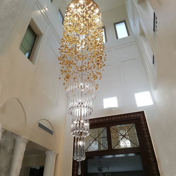 Modern Waterfall Glass Gem Stone & Teardrop Chandelier with Round Canopy – High-Quality Glass and Metal Finish