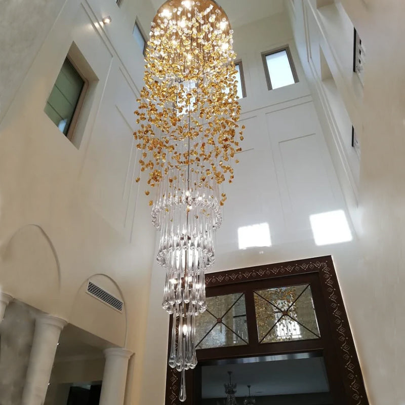 Modern Waterfall Glass Gem Stone & Teardrop Chandelier with Round Canopy – High-Quality Glass and Metal Finish