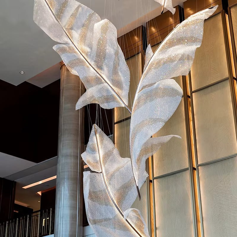 Modern Floating Crystal Leaves Chandelier for High Ceilings