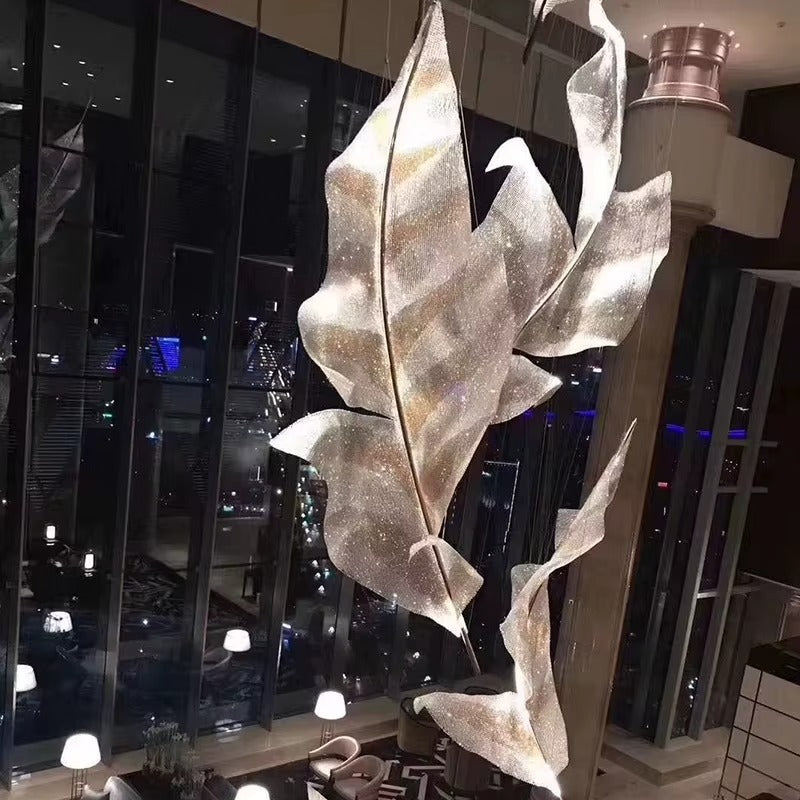 Modern Floating Crystal Leaves Chandelier for High Ceilings