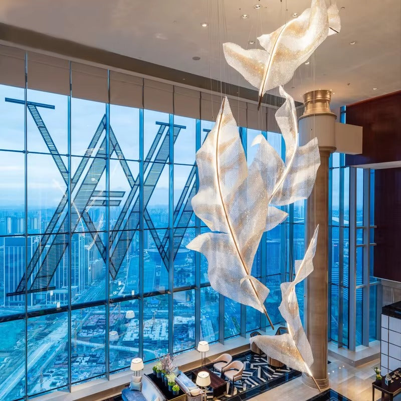 Modern Floating Crystal Leaves Chandelier for High Ceilings
