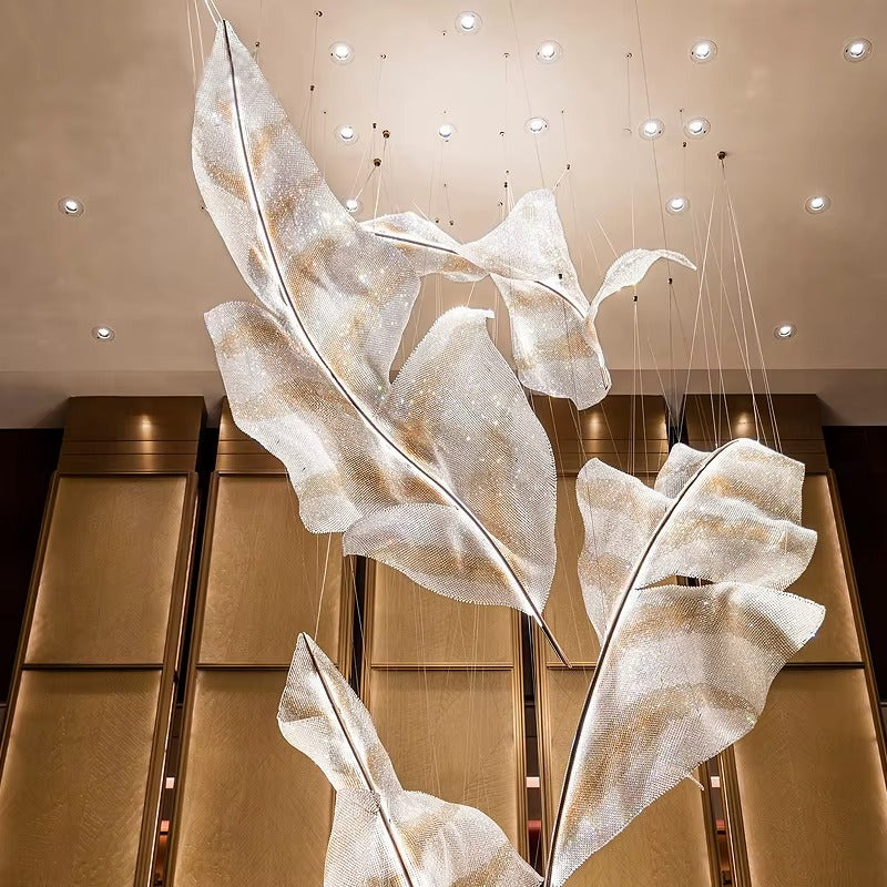 Modern Floating Crystal Leaves Chandelier for High Ceilings