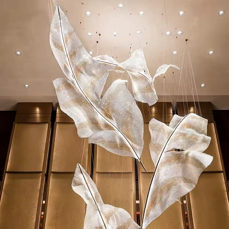 Modern Floating Crystal Leaves Chandelier for High Ceilings