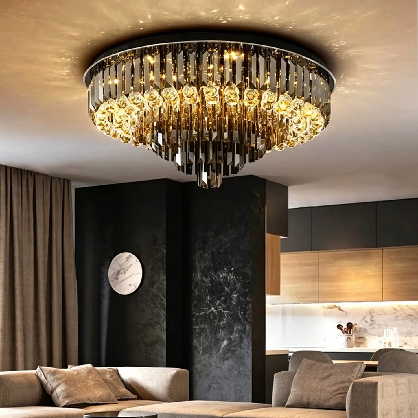 Light Luxury Smoke Gray Round Crystal Flush Mount
