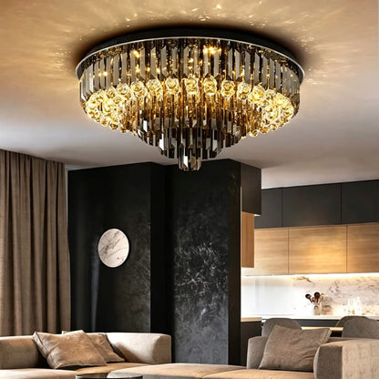 Light Luxury Smoke Gray Round Crystal Flush Mount
