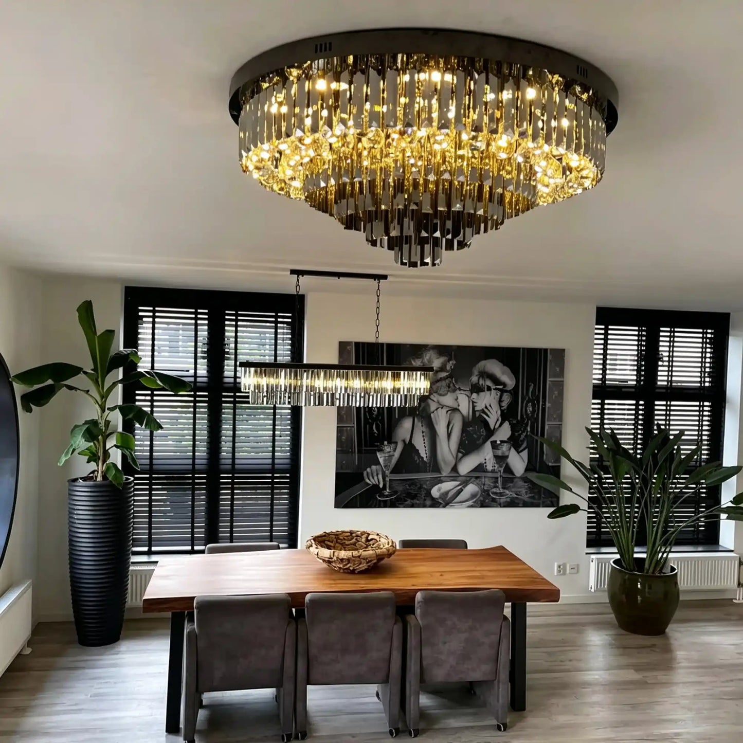 Light Luxury Smoke Gray Round Crystal Flush Mount
